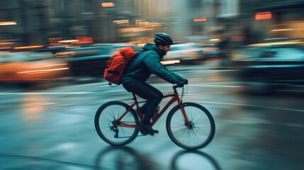 Naklejka premium A bike courier speeds through a bustling city street, skillfully weaving between cars while carrying a backpack. Rain glistens on the pavement, adding to the urban hustle