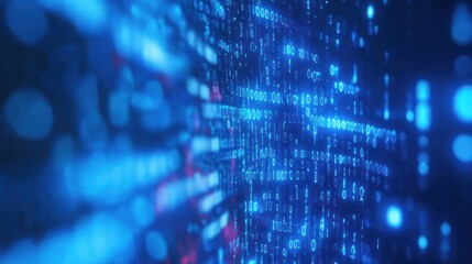 A close-up view of a computer screen displaying flowing binary code in blue with a futuristic digital interface in the background