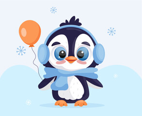 Cute baby penguin with ballon cartoon  winter style. Vector illustration