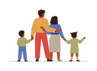 Black family with two children stand together back view. Parents hold by hands their preschool kids. Family friendly and unity concept. Childcare and parenting concept. Flat Vector illustration