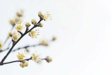 Delicate white blossoms emerge on branches during early spring against a pale background