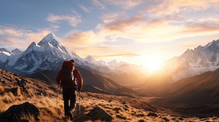 Fototapeta premium Hiker Trekking Through Majestic Mountain Landscape