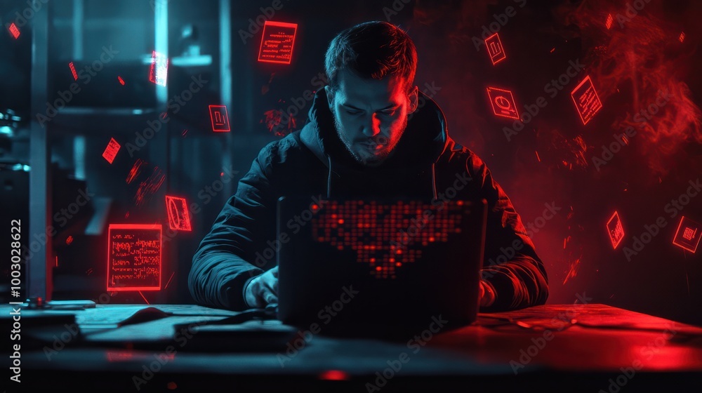 Poster a hacker in a dark room is typing code on a laptop. red alert symbols surround him.