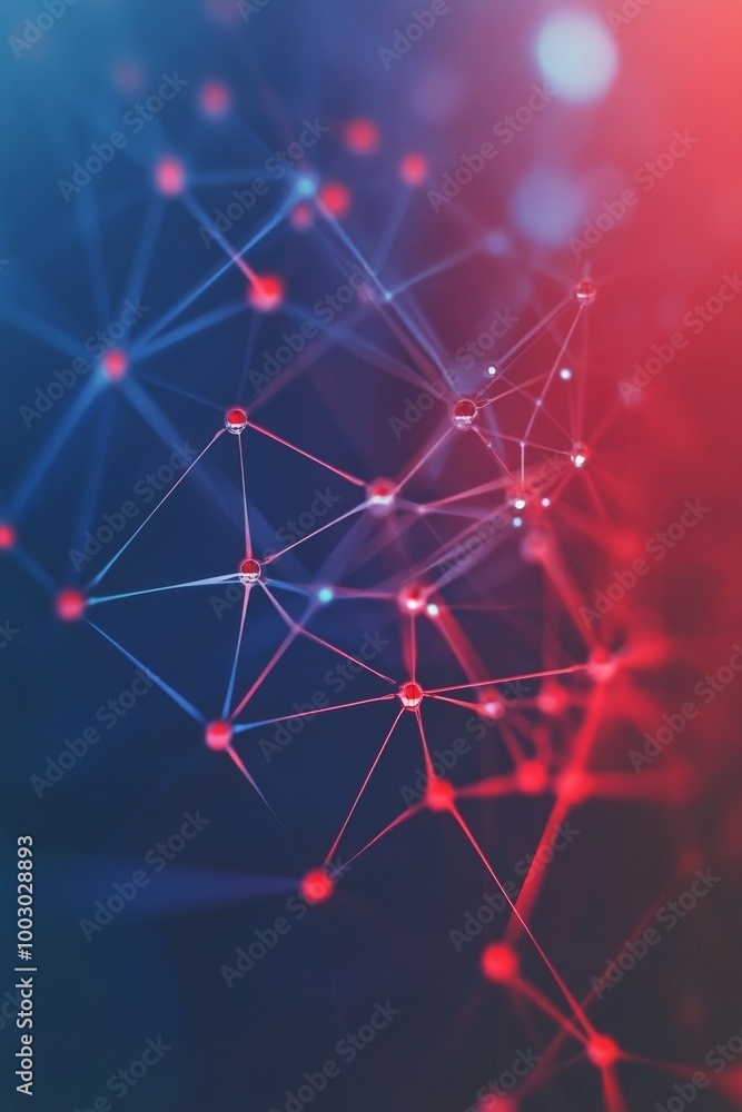 Poster abstract nodes and lines with red and blue lights on a dark background