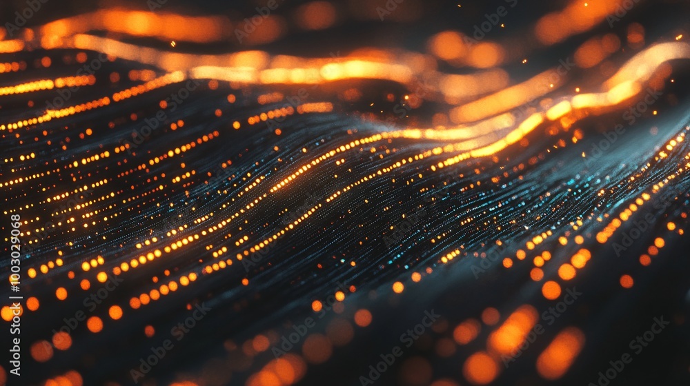 Poster glowing data tunnel with bright particles effect