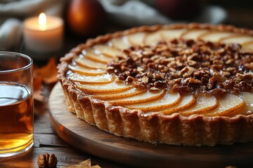 Apple pie decorated with lattice overhead shot, fall baking concept