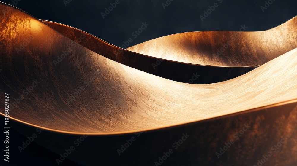 Poster golden waves of patterned texture flowing seamlessly across a dark surface in soft light