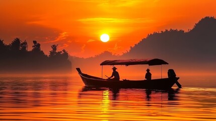 River boat silhouette, Thailand sunset