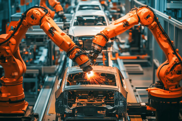 Expansive automotive assembly line, with cars in various stages of assembly by robotic machines