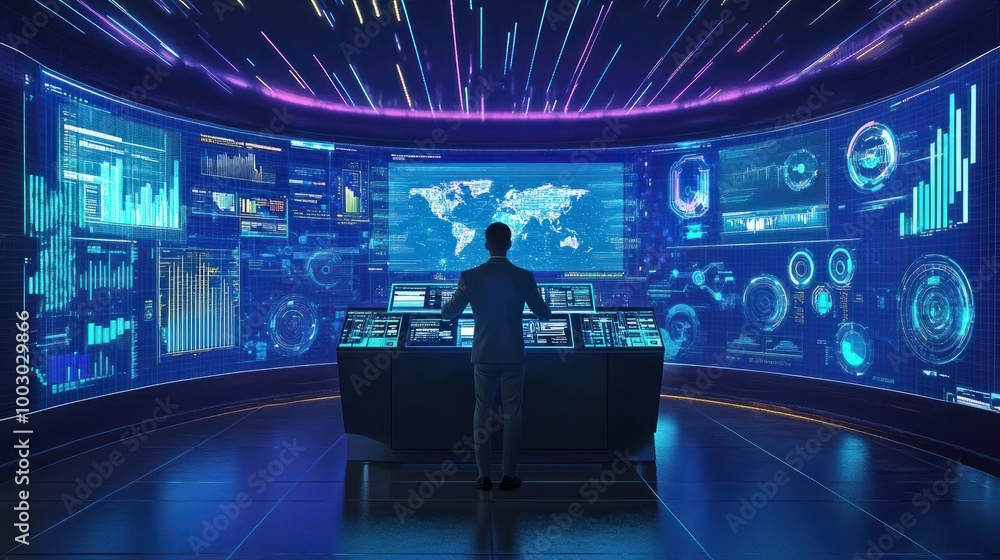 Poster a smart man is working in front of big computers with data analysis in office, 3d future technology 