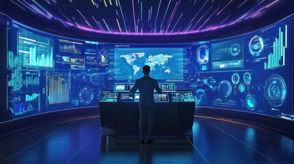 a smart man Is working in front of big computers with data analysis in office, 3D future technology concept