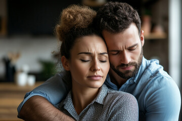 Obraz premium Partners supporting each other through a tough day at work, showing solidarity.A man and a woman are embracing each other warmly in a kitchen