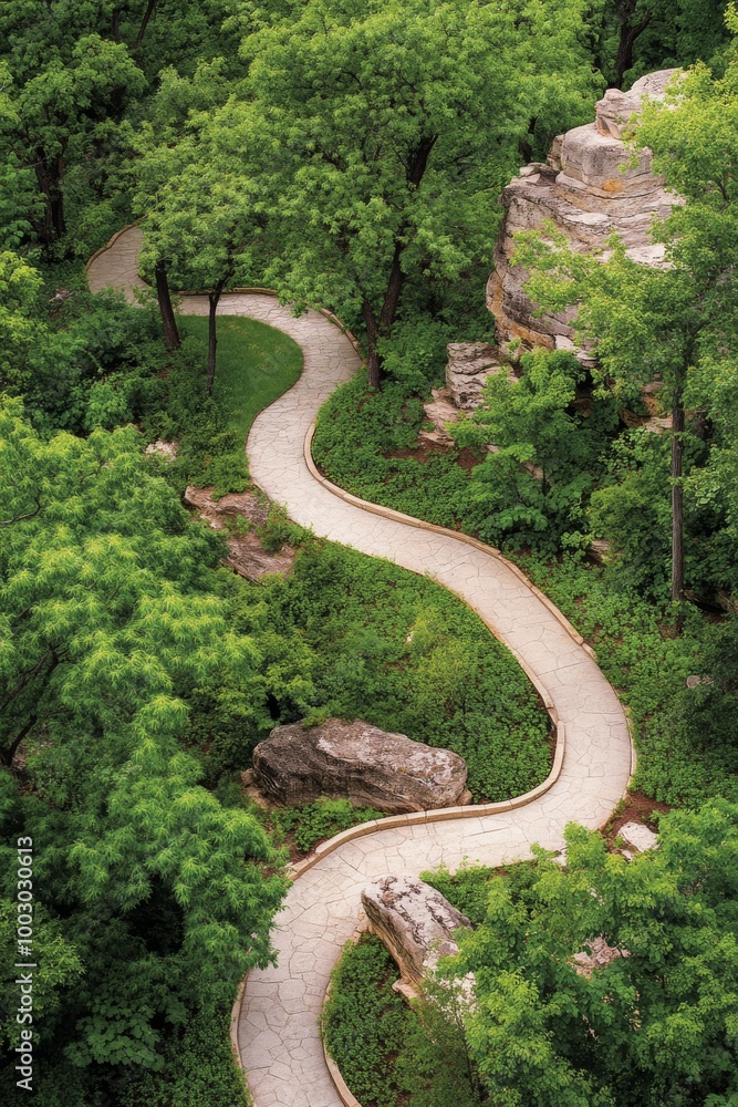 Poster serene winding path through lush greenery in a tranquil forest setting during daylight hours