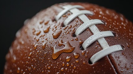 A close-up of a wet football showcasing water droplets on its surface during a rainy game