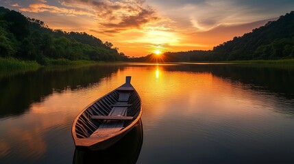 Boat silhouette, river sunset, Thailand