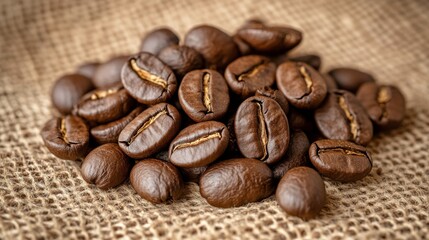 Naklejka premium Freshly roasted coffee beans resting on burlap fabric ready for brewing in the morning light