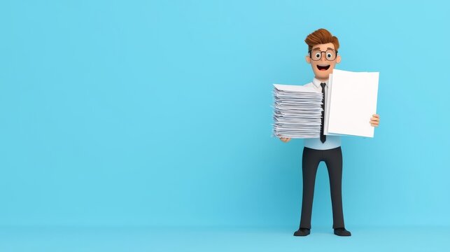 Excited recruiter holding a stack of resumes ready for interviews 3D illustration