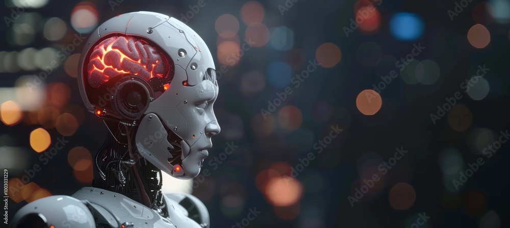 Poster futuristic ai robot in side view against a dark background, room for personalized text