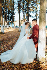 Fototapeta premium A bride and groom are walking along a beach near a body of water. The bride is wearing a white dress and the groom is wearing a black suit. The scene is romantic and picturesque
