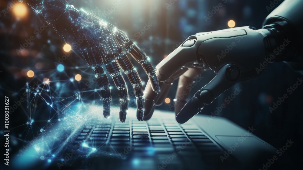 Poster a robotic hand reaches out to connect with a laptop keyboard in a futuristic digital environment