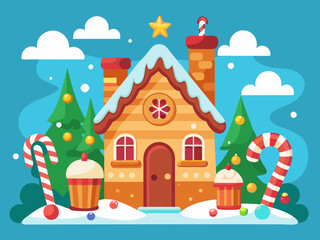 Vector Gingerbread houses christmas cartoon style. Happy Christmas illustration scene snowfall