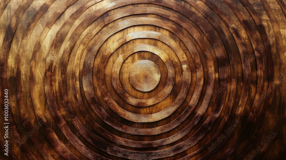 Poster concentric wooden rings create a textured pattern on a surface in soft natural light