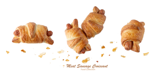 Buttery croissants with sausage and crumbs  isolated on white background. Crusty sausage croissant roll as tasty snack.