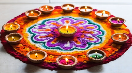Fototapeta premium A vibrant Diwali rangoli adorned with colorful diyas