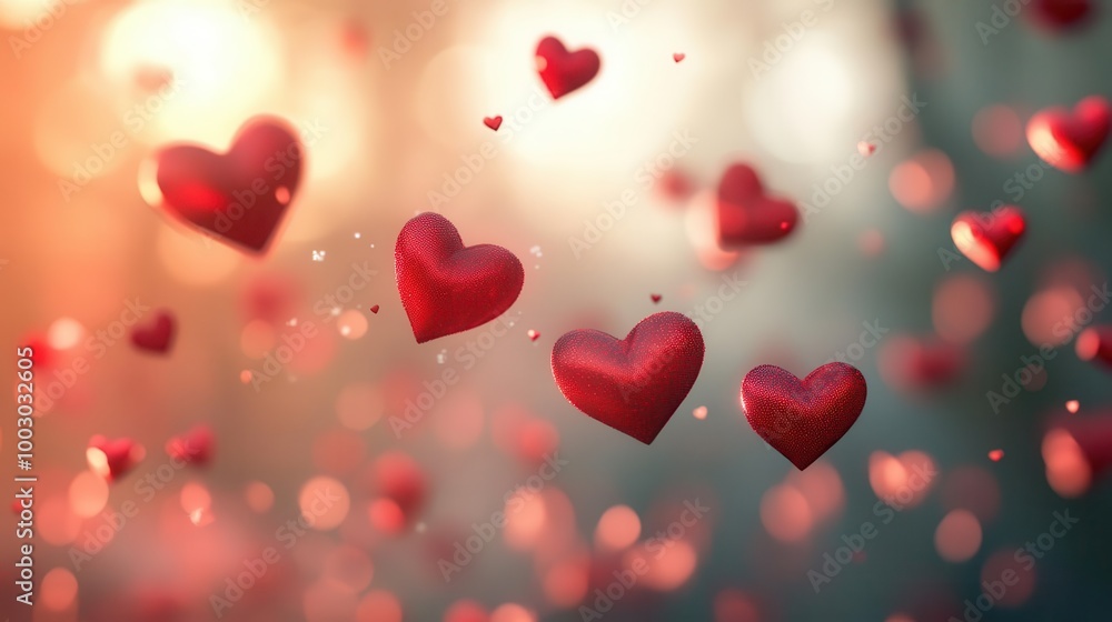 Poster romantic panoramic banner with a sea of floating red hearts in various sizes and opacities creating 