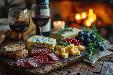 Close-up of a glass of red wine on a table with blurred fireplace in the background and charcuterie board with different cheese at a cozy evening	