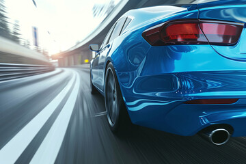 Fototapeta premium Rear view of blue car on high speed in turn. Blue car rushing along a high-speed highway, fast , motion blur background
