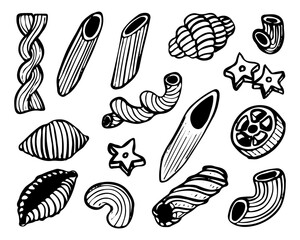 Macaroni set hand drawn doodle. Pasta feathers, horns, spirals, stars, shells, wheels. Food made from wheat dough. Food product. Garnish. Grocery. Vector sketch line art illustration.