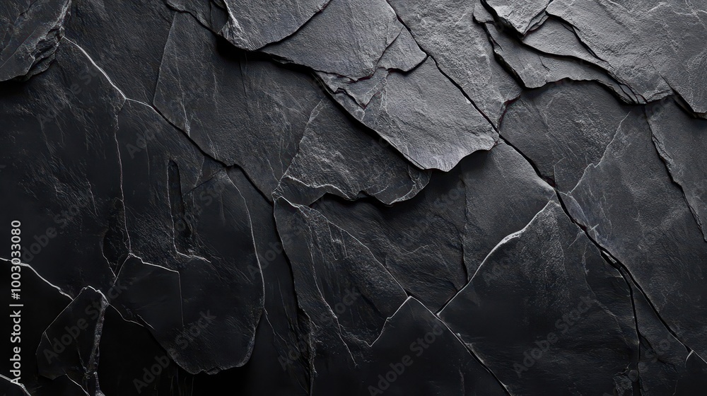 Poster rugged black stone surface with deep crevices and sharp edges dramatically lit to emphasize texture 