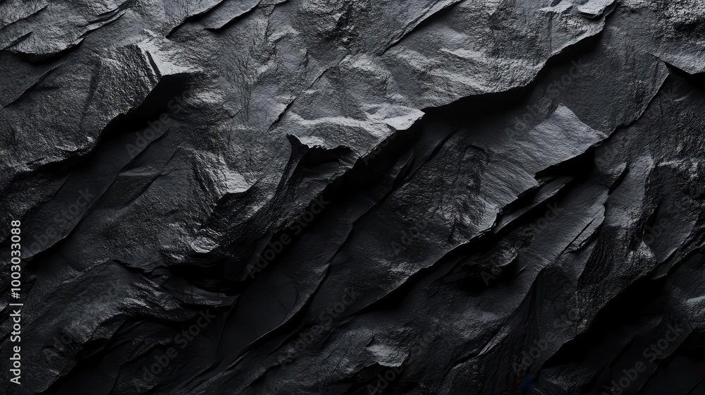 Poster rugged black stone surface with deep crevices and sharp edges dramatically lit to emphasize texture 