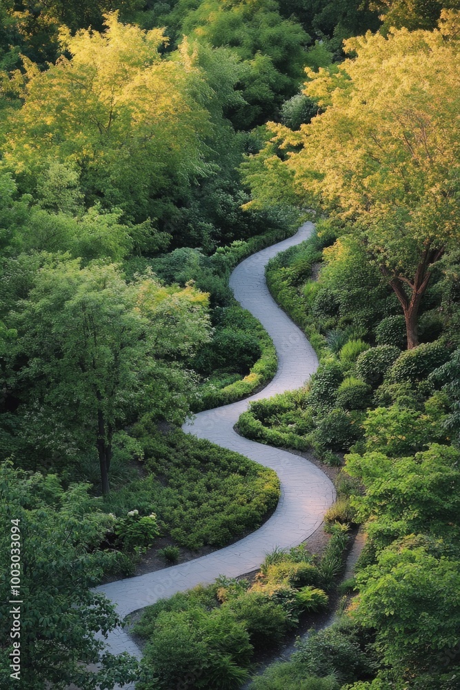 Aufkleber serene winding path through lush greenery in a tranquil forest setting during daylight hours