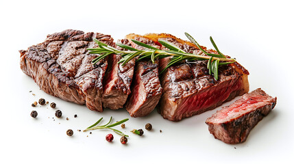 Deliciously juicy sliced beef ribeye steak, isolated on white background, close up, top view