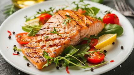 Cooked salmon served in plate decorated with salad. Close up	