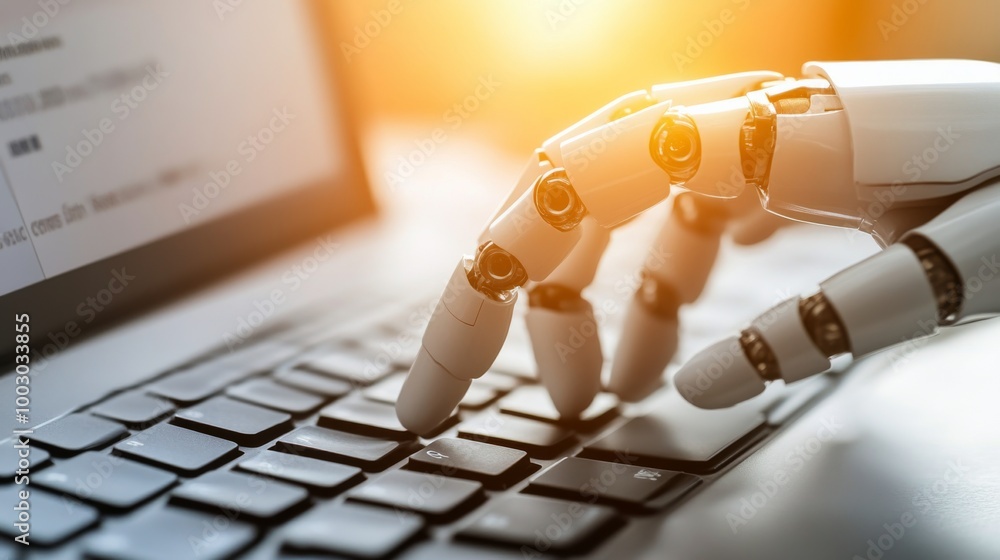 Poster a robotic hand reaches out to connect with a laptop keyboard in a futuristic digital environment
