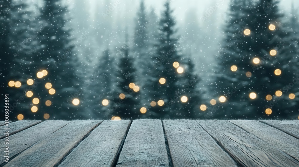 Poster rustic christmas scene with weathered wood table twinkling bokeh lights and frostcovered pine trees 