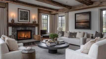 rustic farmhouse living room weathered wood beams plush armchairs crackling fireplace warm ambient lighting cozy textures