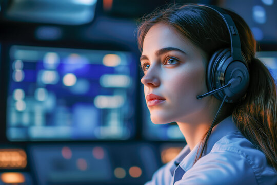 Portrait of a 911 operator answering a call providing assistance in times of crisis
