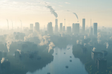 Fototapeta premium Smog Cityscape with River and Boats