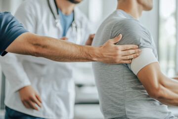 Fototapeta premium Selective focus of chiropractor stretching arm of patient in hospital