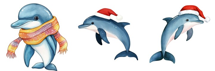 Adorable dolphins wearing festive accessories, white isolate background.