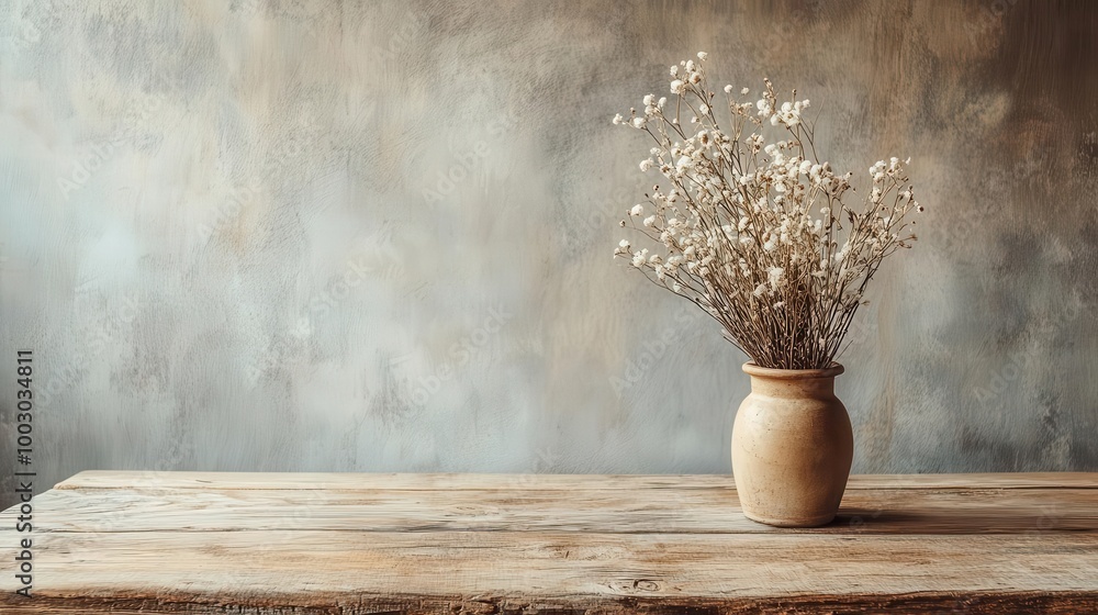 Poster rustic product showcase weathered wooden table soft natural light subtle props minimalist compositio
