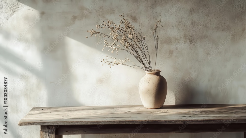 Poster rustic product showcase weathered wooden table soft natural light subtle props minimalist compositio