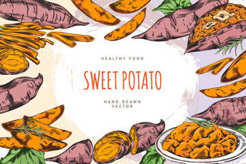 Sweet potato. Batata. Yam. Healthy food. Horizontal banner.