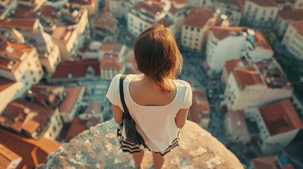 Fototapeta premium casual solo traveller female woman standing on the hill look over aerial topview of old famous attraction city travel concept carefree leisure freedom concept