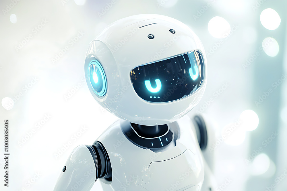 Poster a futuristic robot with glowing eyes, designed for interaction and technology.