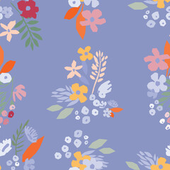 A seamless floral pattern featuring colorful blooms and leaves on a light blue background, perfect for print, fabric, wrapping and paper